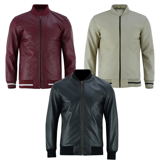 Men’s Lambskin Leather Jacket Collar Zip Up Rib Knit Casual Wear Fashion Jacket