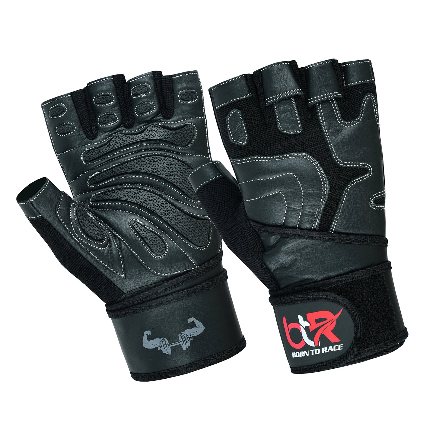 Premium Cowhide Leather Weight Lifting Gloves - Fingerless, Padded, Long Wrist Support, Gym Workout, Powerlifting, Bodybuilding, Fitness, Unisex Design for Men & Women