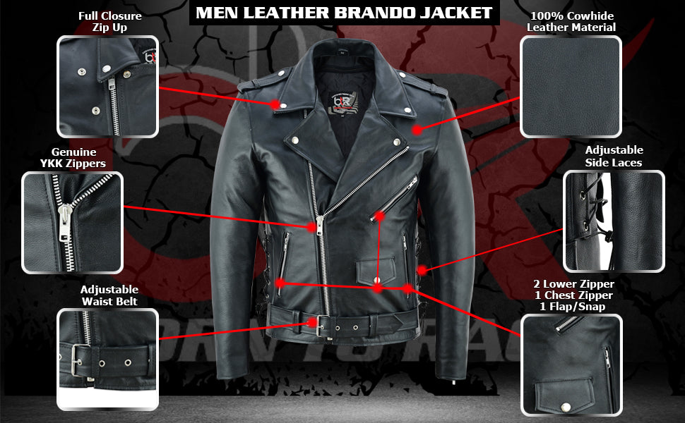 Men’s Classic Brando Motorcycle Jacket - 100% Genuine Cowhide Leather, Distressed, Side Lacing, CE Armor, Water Resistant, Vintage Style Biker Jacket for All-Weather Riding