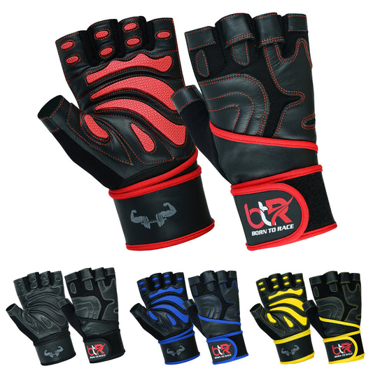 Premium Cowhide Leather Weight Lifting Gloves - Fingerless, Padded, Long Wrist Support, Gym Workout, Powerlifting, Bodybuilding, Fitness, Unisex Design for Men & Women