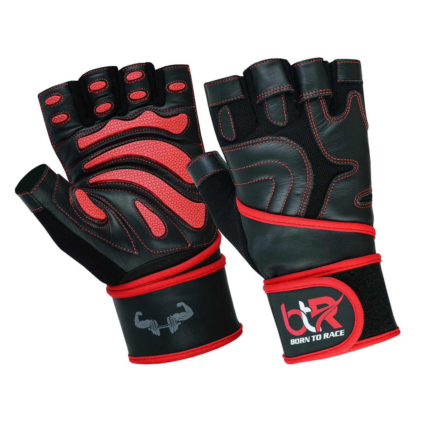 Premium Cowhide Leather Weight Lifting Gloves - Fingerless, Padded, Long Wrist Support, Gym Workout, Powerlifting, Bodybuilding, Fitness, Unisex Design for Men & Women