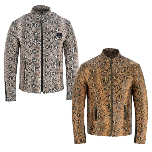 Men's Python Snake Embossed Leather Luxury Fashion Motorcycle Biker Jacket