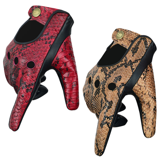 Luxury Python Snake Embossed Leather Driving Gloves - Premium Half Finger Biker Gloves for Motorcycle Riding, Car Driving, and Outdoor Sports - Sheepskin Palm, Cowhide Back, Adjustable Fit